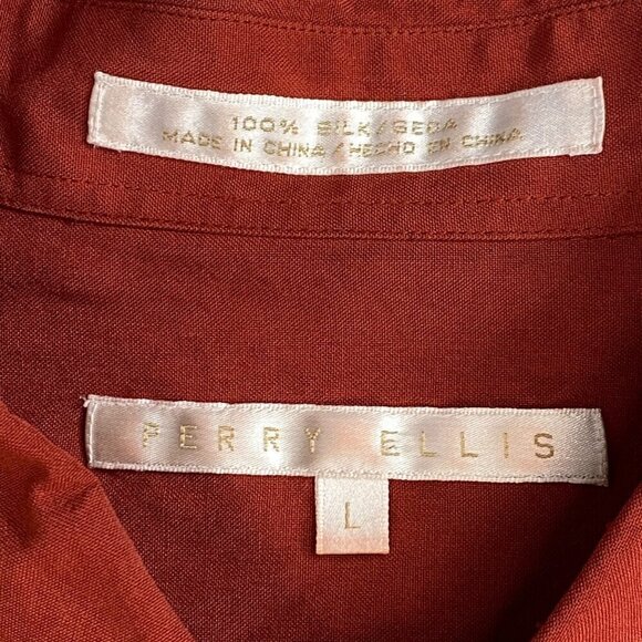 Perry Ellis 100% Silk Dress Shirt Mens L Orange Short Sleeve Button-Up Pocket - Picture 8 of 10